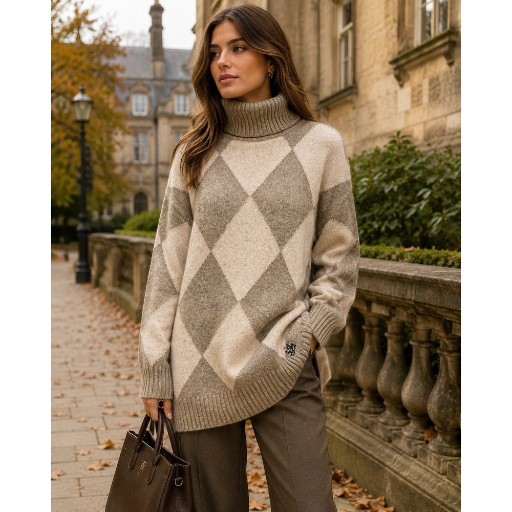 Pringle of Scotland x H&M Sweater (XS) OVERSIZED Argyle Turtleneck Wool Blend